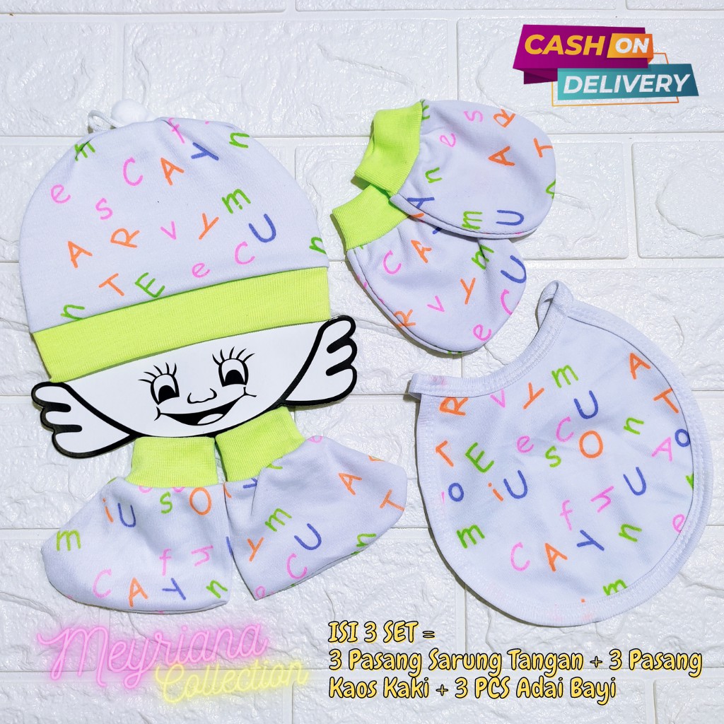 3 Set Kupluk Topi Bayi Bayi Baru Lahir /3 Pasang Sarung Tangan / 3 Pasang Sarung Kaki Komplit Motip Abjad Bayi Baru Lahir / Slaber Adai Bayi ( Kupluk + Kaos Tangan + Kaos Kaki + Slaber ) Meyriana Collection