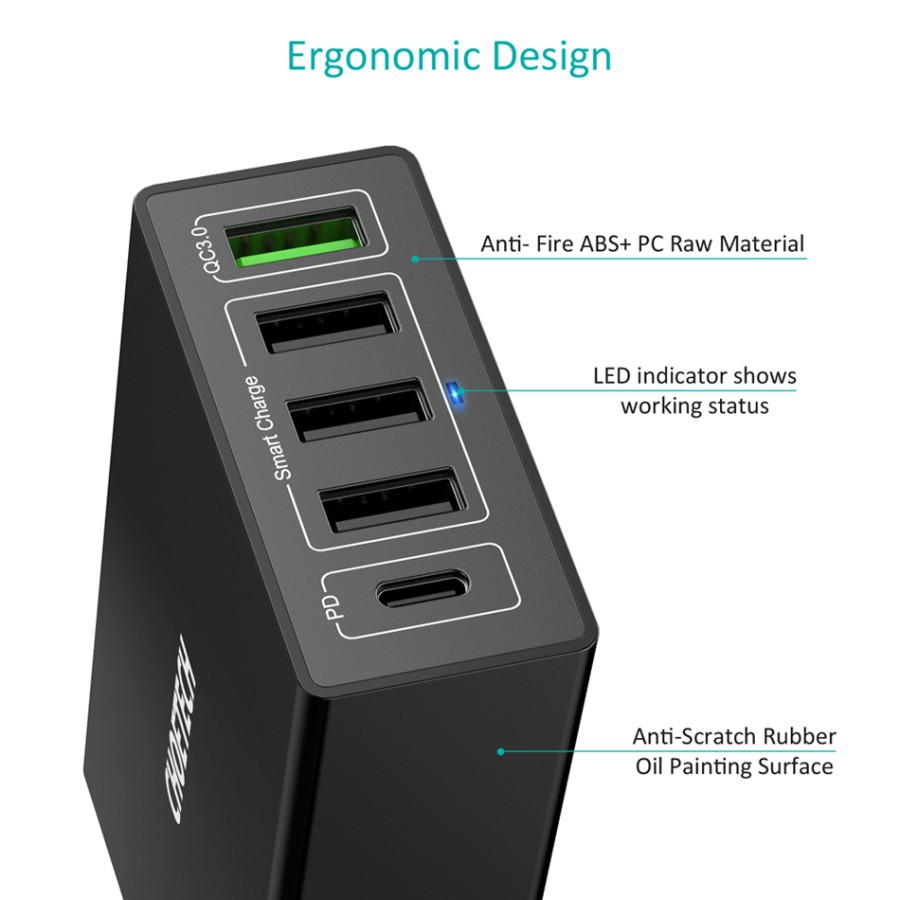 wall charger choetech 5 port Usb-A &amp; Pd type-c Quick charge 3.0 60w 3A Q3 4U2Q - Travel charger