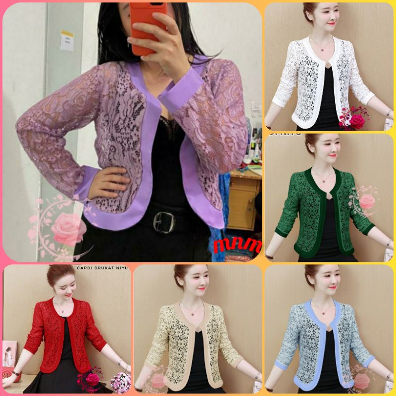 cardigan cewek murah mewah moderen bahan brokat premium kombinasi moscrepe warna maroon merah