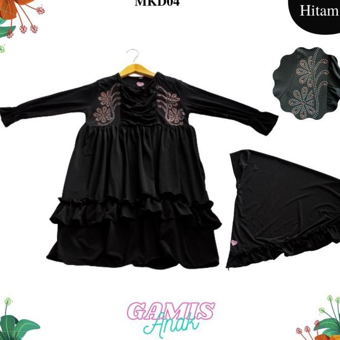 Gamis Anak Perempuan Murah Set Hijab | Baju Muslim Anak Perempuan Mura - Hitam, S