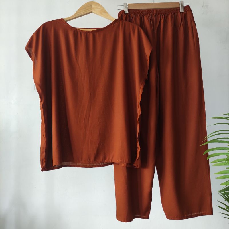 BAJU TIDUR POLOS PIYAMA POLOS CELANA PANJANG LENGAN PENDEK BAHAN RAYON babbydoll-POLOS BATA