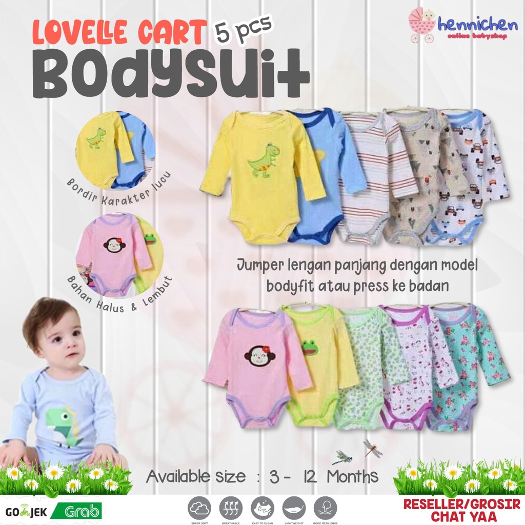 5pcs Jumper Panjang Bayi Lovelle Cart's 3-12m Bodysuits