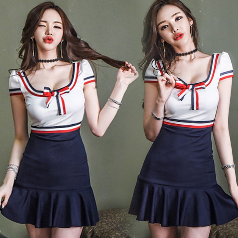 BFS.121 gaun fashion wanita terusan model garis pita biru putih merah