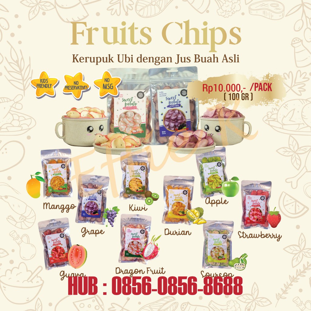 

Fruit Chips (Kerupuk Ubi Buah Naga, Anggur, Kiwi, Apel, Durian, Strawberry, Jambu, Sirsak, Mangga)