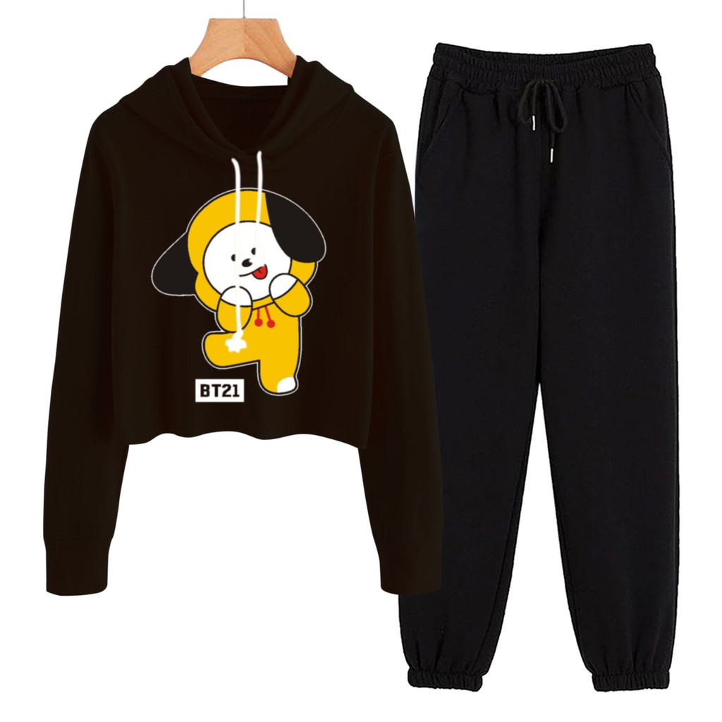 BESS - Baju Setelan Wanita Murah / Setelan Hoodie Crop + Jogger Hitam - CIMY DANCE