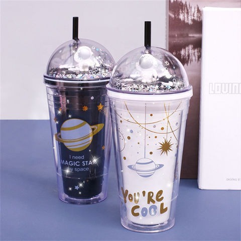 PROMO Botol Minum ASTRONOT dengan Sedotan Tumbler Dua Lapisan Tetap Bangat Gelas Plastik Hadiah untuk Kekasih Straw Water Bottle Glitter Tumbler Gelas Botol Minum Air Sedotan 450Ml