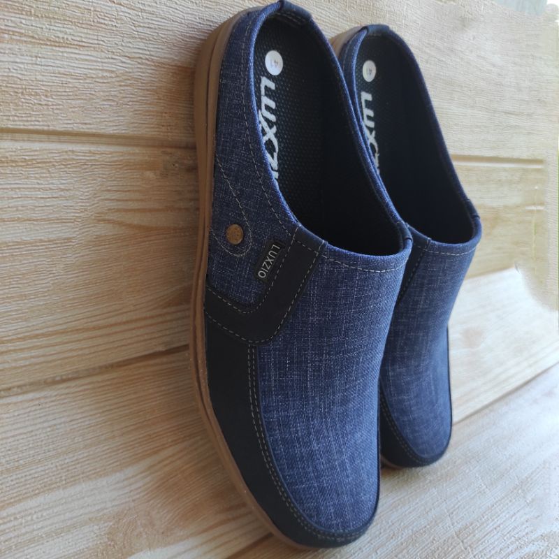 Sandal Selop Bustong Pria Slip On Jeans Slop Kasual Kulit Sintetis Premium Sol Lentur Kanvas Cowok