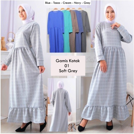 dress Baju Gamis Wanita Dewasa Motif Kotak Rample Bawah Busana Muslim Remaja - Putih cantik kekinian