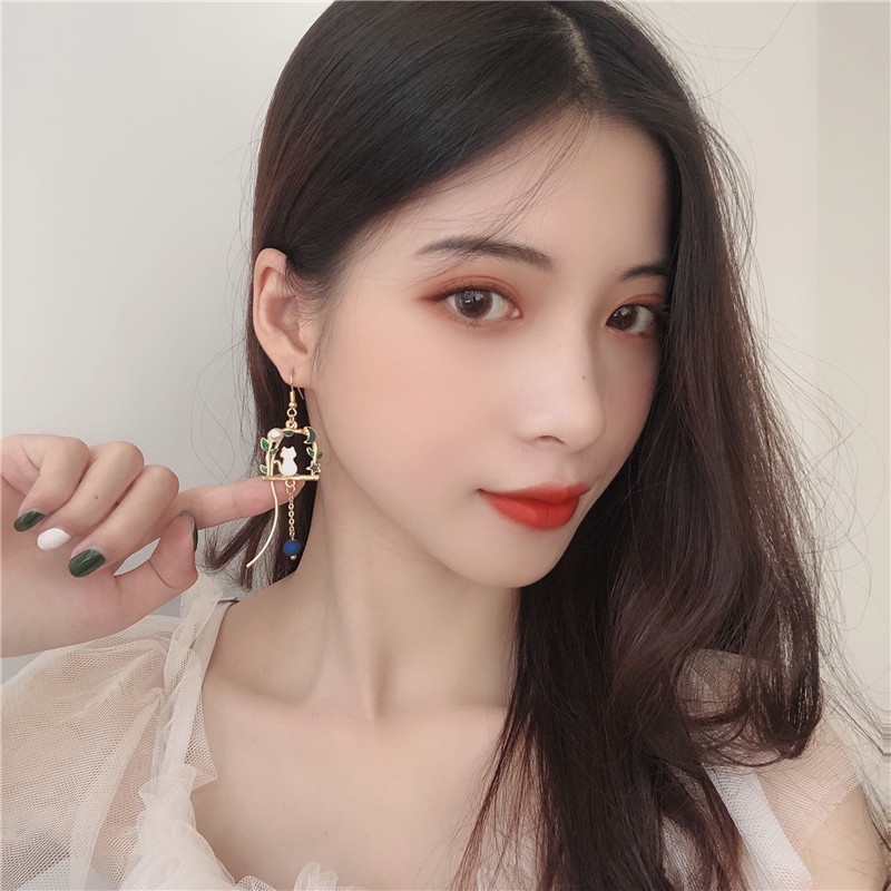 Kitten Cat Flower Asymmetrical Long Tassel Pendant Rhinestone Painting Oil Stud Earrings Korean Fashion Jewelry Ladies Cute Accessories