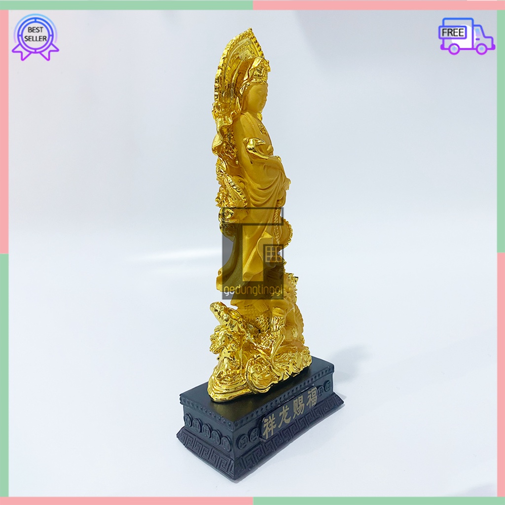 Hiasan Pajangan Patung Dekorasi Kado Hadiah Puja Suci Meja Altar Sembahyang Sembayang Dewi Dewa Mak Kwan Im Kwanim Kwan Im Kuan Im Guan Yin Rupang Welas Asih Belas Kasih Menaiki Naik Naga Liong Menyeberang Air Laut Gold Emas Budha Buddha Resin