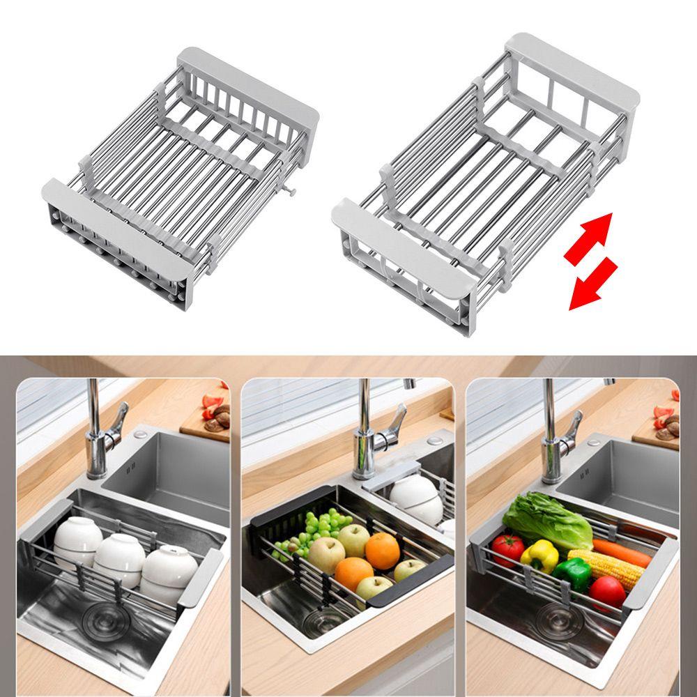 Solighter Wastafel Drain Rack Adjustable Sayuran Buah Drainer Basket Stainless Steel