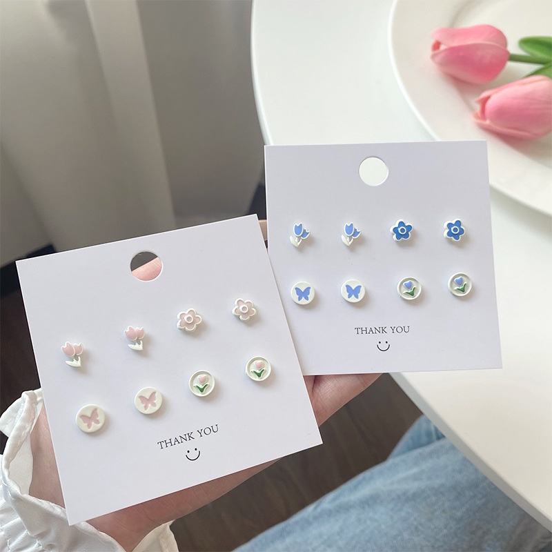 8pcs / LOT Anting Stud S925 Silver Desain Bunga Tulip Butterfly Untuk Anak Perempuan