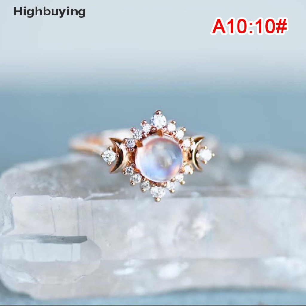 Hbid Cincin Motif Bulan Sabit Aksen Batu Moonstone Gaya Gothic Untuk Wanita