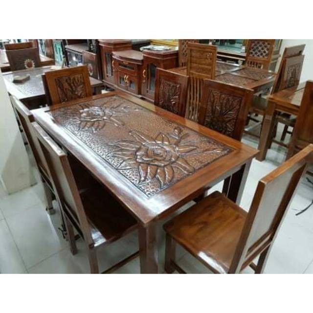 Meja makan kursi 6 + kaca meja jati