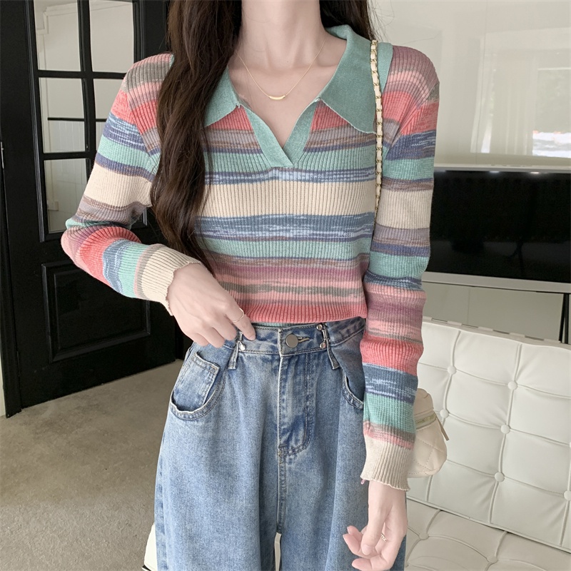 Switer Rajut Wanita V-neck Stripe Atasan Wanita Lengan Panjang Casual