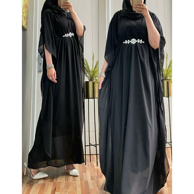 Hana Kaftan, KAFTAN WANITA MUSLIM CANTIK FIT XXL LD 120 BAHAN CERUTTY WITH FURING MIX MUTIARA ZIPPER BUSUI OOTD MODIS TERMURAH