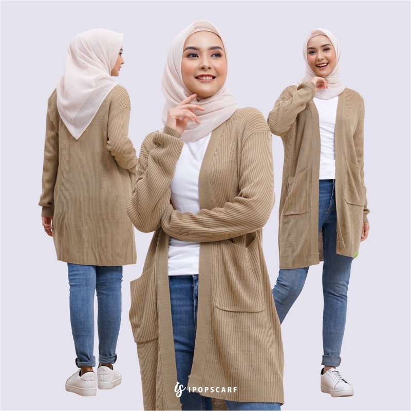 LUMA LONG CARDI | cardigan rajut panjang, soft knit cardigan-KHAKI