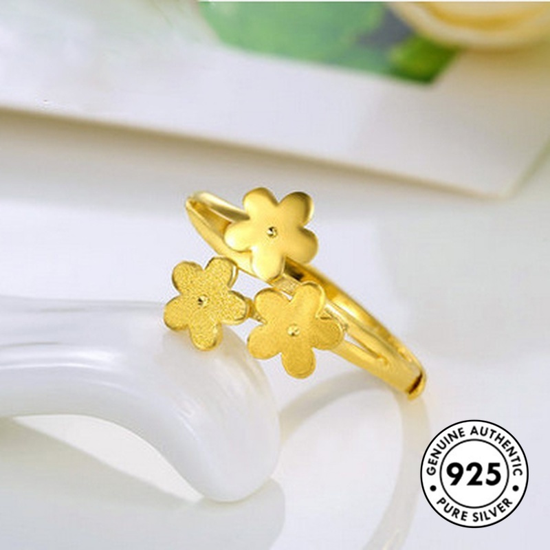 Cincin Desain Bunga Lapis Emas Bahan S925 Silver Gaya Elegan