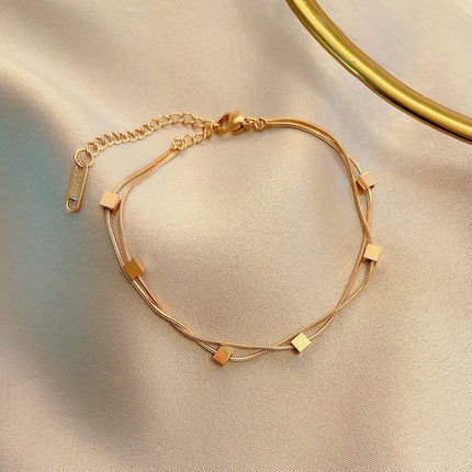 Gelang Tangan Rantai Baja titanium Lapis Ganda Warna rose gold Untuk Wanita