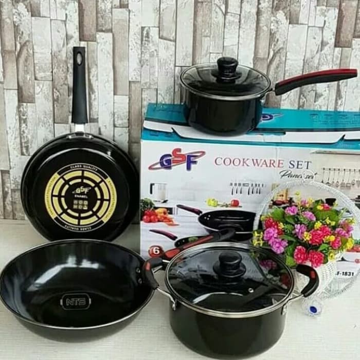 PANCI SET GSF 1831 / COOKWARE SET ENAMEL GSF 1831 TUTUP KACA / PANCI SET 6PCS ENAMEL GSF G-1831