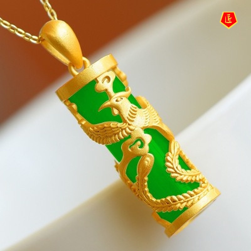 [Ready Stock]Hetian Jade Dragon and Phoenix Column Pendant Men's and Women's Zodiac Jade Necklace