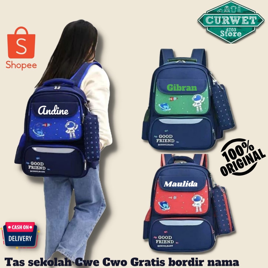 TAS RANSEL SEKOLAH ANAK TK/SD FREE BORDIR NAMA SUKA-SUKA