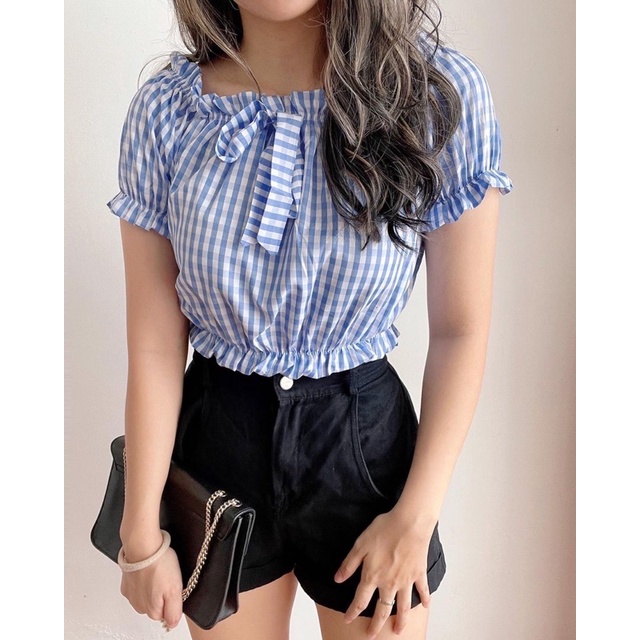 LASHTIQUE CLOTHING 8661 SQUARE SABRINA TOP / BAJU ATASAN CEWEK CROP TOP SABRINA MOTIF KOTAK