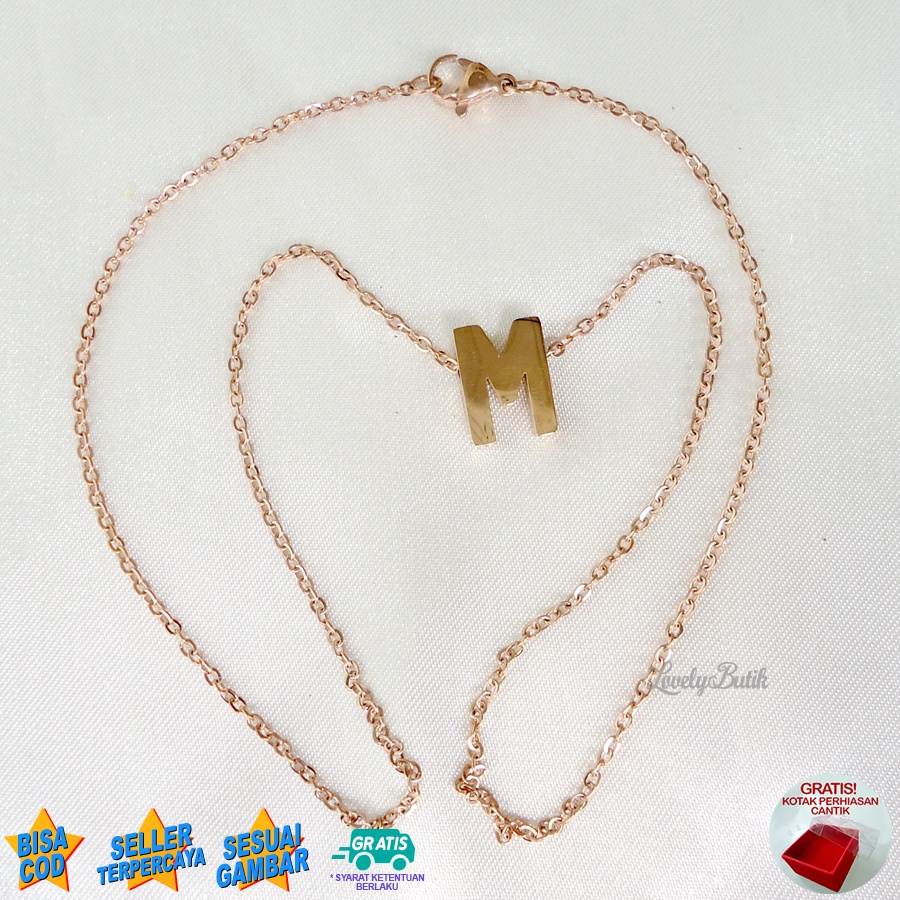 Lovelybutik Kalung Titanium Inisial Abjad Nagita 4ccent Kalung Alfabet Huruf Titanium  M,R,T,W,Y Warna Rosegold Bonus Kotak Perhiasan