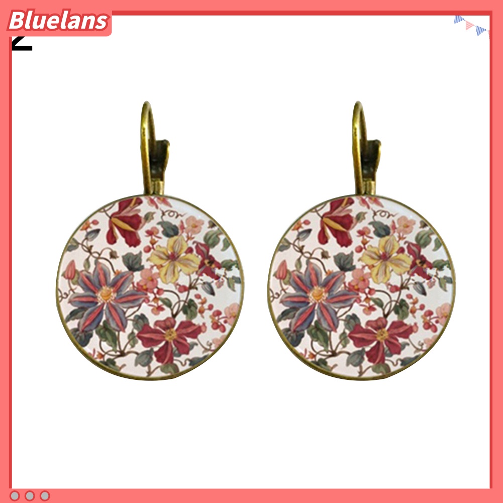 Bluelans Vintage Flower Printed Round Pendant Women Leverback Earrings Party Jewelry