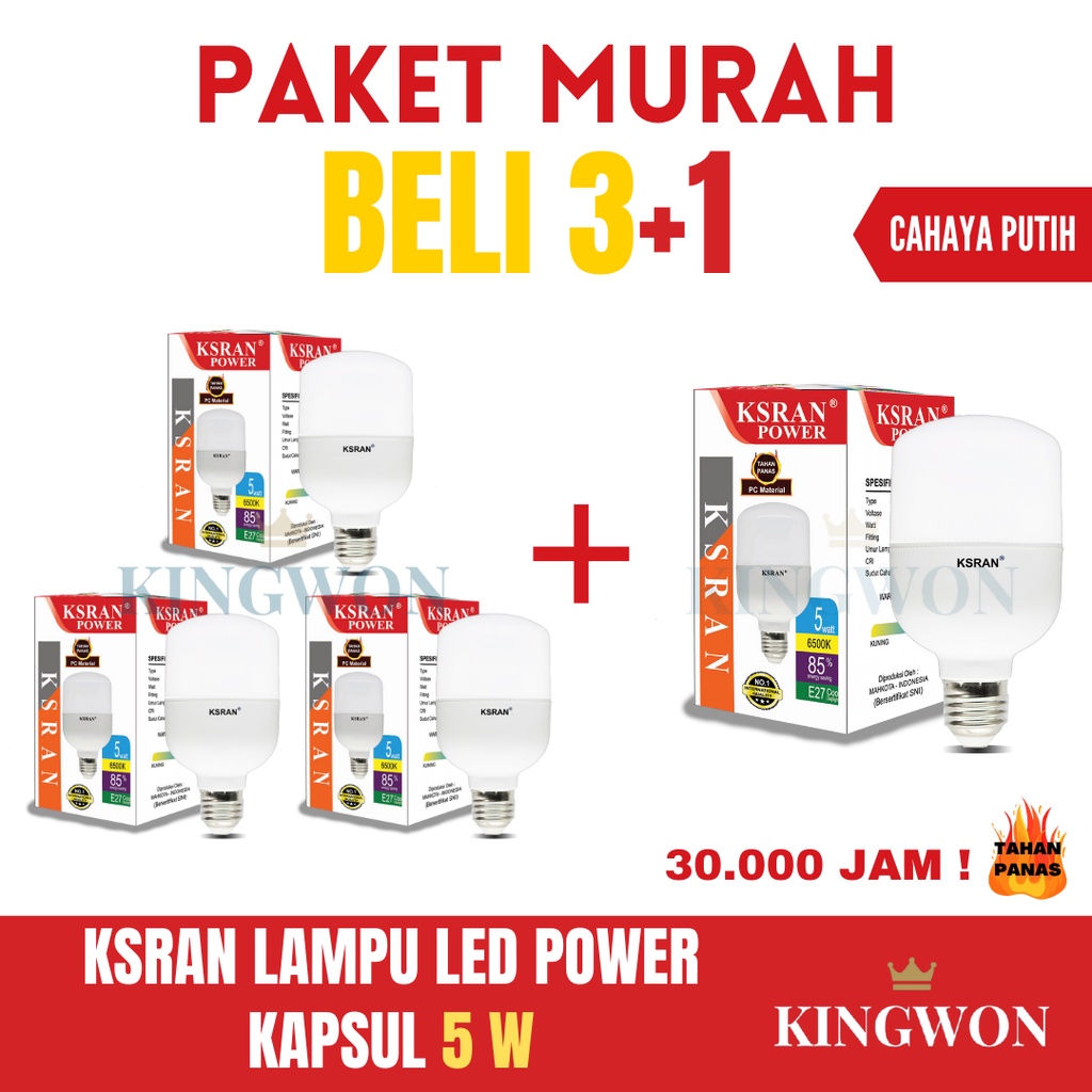 KSRAN Lampu LED 5 watt POWER - (PAKET BELI 3 GRATIS 1)