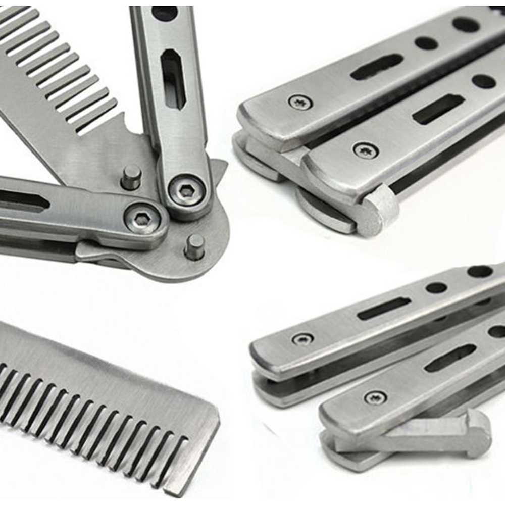 Sisir Laki Laki Sejati Sisir Besi Model Auto Macho Anti Stres Sisir Lipat Besi Sisir Cowok Foldable Comb Stainless Steel Practice Training Butterfly Knife Comb Beard Moustache Brushes Hairdressing Styling Tool Folding