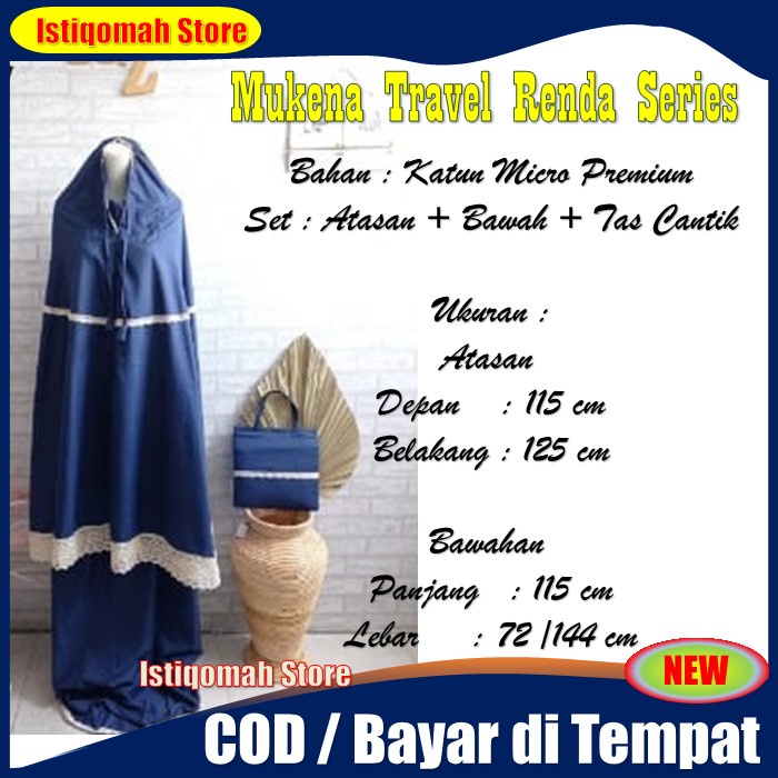 Mukena Travel Renda Series Warna Navy Bahan Katun Micro Premium Set Atasan + Bawah + Tas Cantik