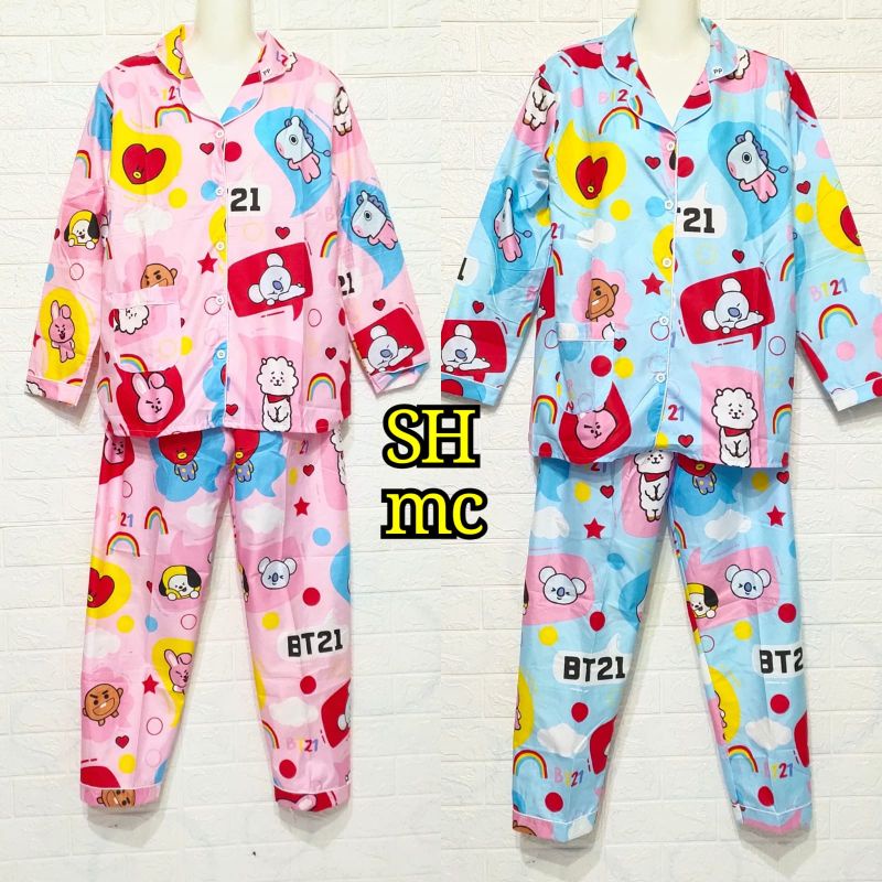 Baju Tidur Piyama Wanita Motif BTS 21 Pajamas Katun  / Baju Tidur setelan Wanita Embos PP CP 3/4 Daster JUmbo 3 In 1 Terbaru Bigsize Kekiniaan