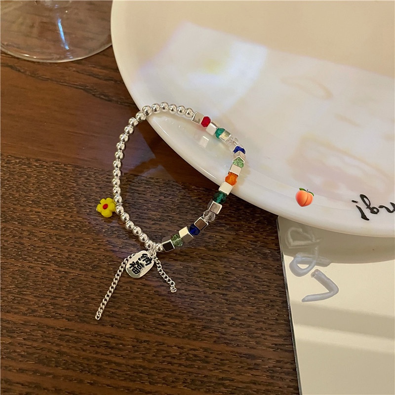 Gelang Tangan Alloy Aksen Manik-Manik Bunga Warna-Warni Untuk Wanita