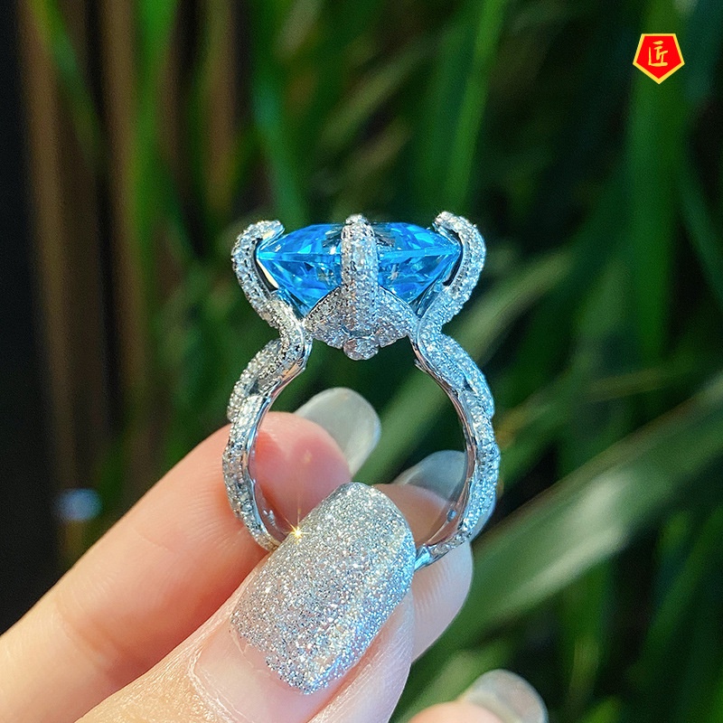 [Ready Stock]Charming Luxury Inlaid Natural Aquamarine Topaz Ring Women