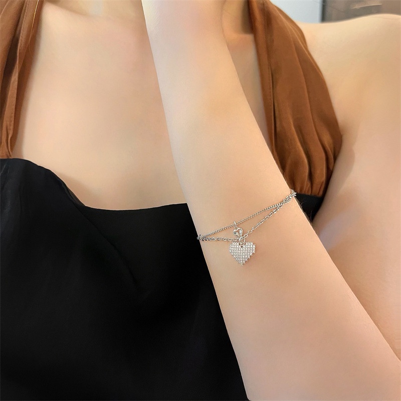 Gelang 925 Silver Double Layer Bentuk Hati Aksen Berlian Imitasi Untuk Wanita