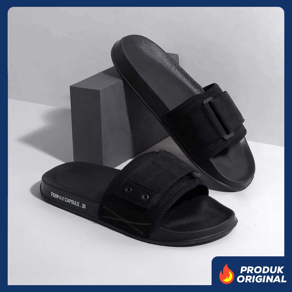 CAPSULE 0.1 ORIGINAL x FOOTSTEP Sandal Casual Full Hitam Pria Sendal Slide Jalan Santai Harian Slippers Hangout Main Kondangan Lebaran Slop Karet Premium Slip On Remaja Dewasa Flip Flop Kerja Formal Sport Fashion Footwear Keren Terbaru Kekinian Branded