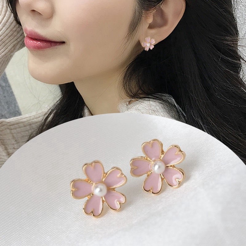 Anting Bunga Sakura Lucu Cantik Cute Flower Pearl Earring Stud Korea Style