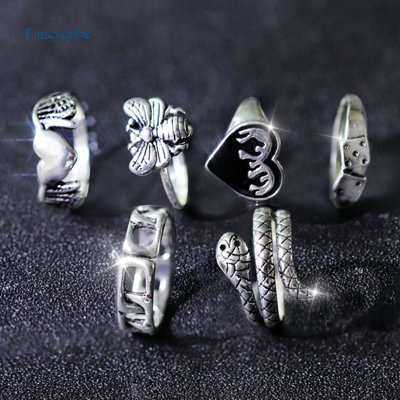 Fancyqube 6pcs Cincin Desain Hati Api Ular Lebah Warna Silver Gaya Punk Untuk Wanita