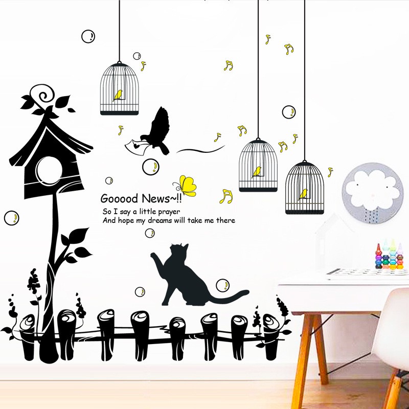 RELIZA WALL STICKER SANGKAR KUCING PAGAR TAMAN BIRD BURUNG DAPUR STIKER DINDING XL8267