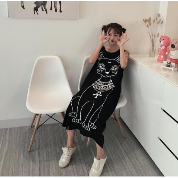 Fashion Wanita: Dress Midi Korea Tanpa Lengan Longgar Hollow Desain Gambar Kucing