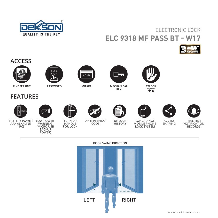 Dekkson Smart Lock / Digital Lock / Kunci Pintu Digital / Handle Pintu Digital / Electronic Lock ELC 9318 MF PASS BT W17