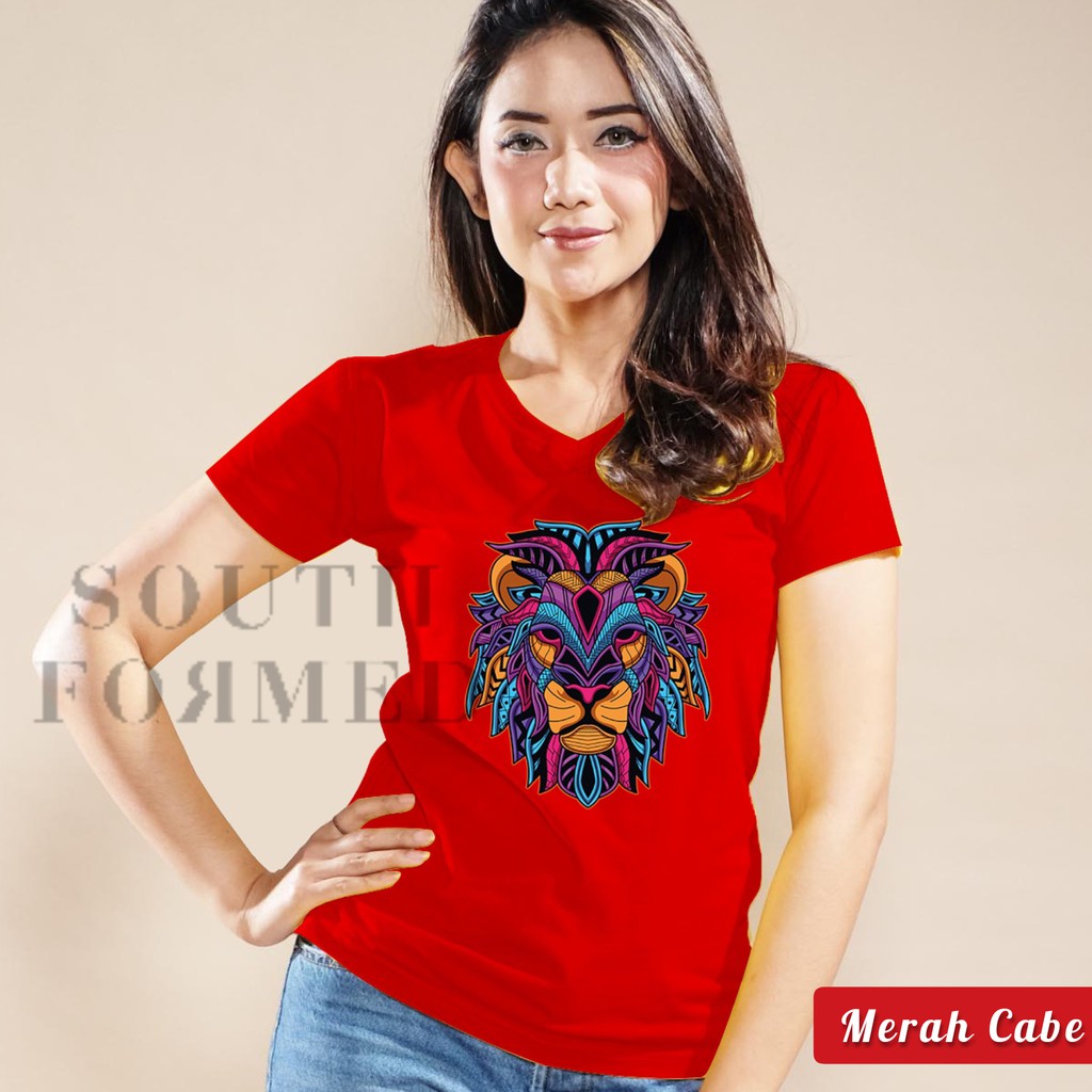 SOUTH FORMED COLORFUL LION KAOS V NECK / O NECK KATUN PREMIUM ADEM WANITA / CEWEK MOTIF / GAMBAR