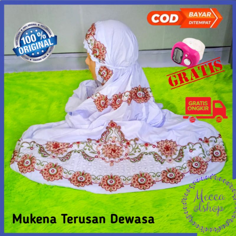 Mukena Dewasa Terusan Putih Polos Lajuran Polino Super Bordir