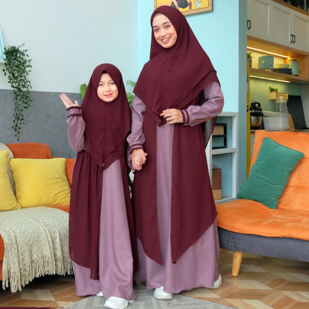Baju Gamis Syari Lebaran Couple Ibu dan Anak Perempuan Muslim Katun Madina Jumbo Ld 130 Maroon