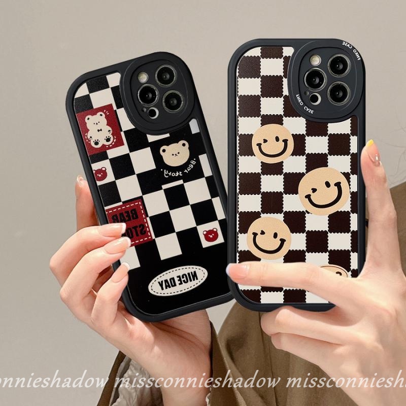 IPHONE Casing Ponsel Hitam Motif Kotak-Kotak Anti Jatuh Mewah Kompatibel Untuk Iphone7 8plus11 13 12 14 Pro MAX 6 6s Plus XR X XS MAX SE 2020motif Kartun Beruang Smiley Lucu Lembut TPU Cover