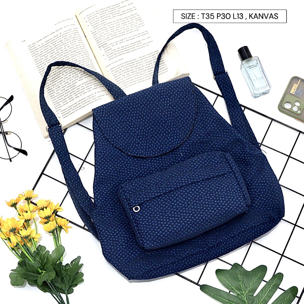 Bayar di Tempat COD Tas Ransel Serut Bahan Kanvas KANTONG Depan Ukuran Medium tas punggung wanita-Warna 635