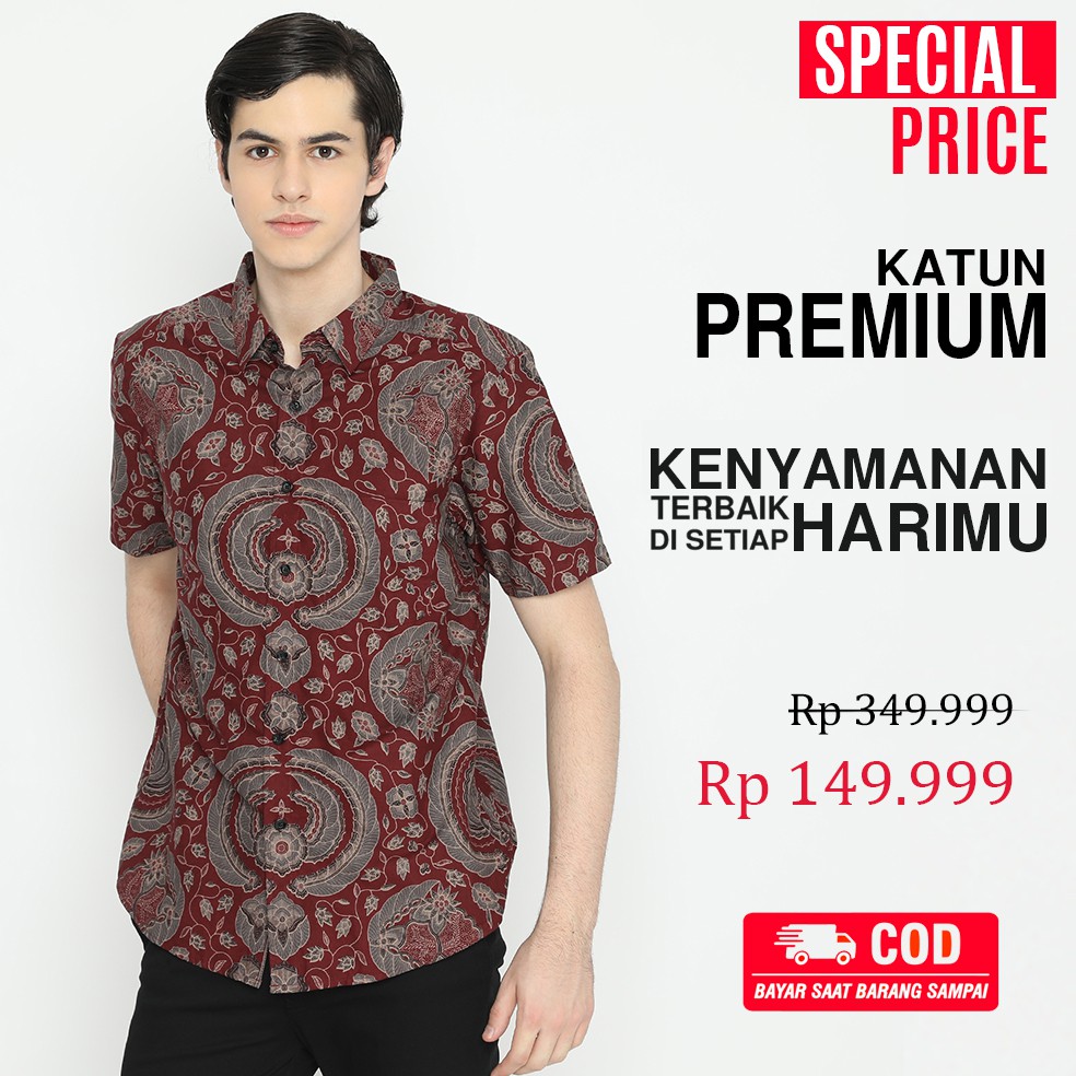 Kemeja Batik Pria Lengan Pendek Slimfit Premium Motif Babon Angrem Merah Maroon Marun 723699 Cap 72