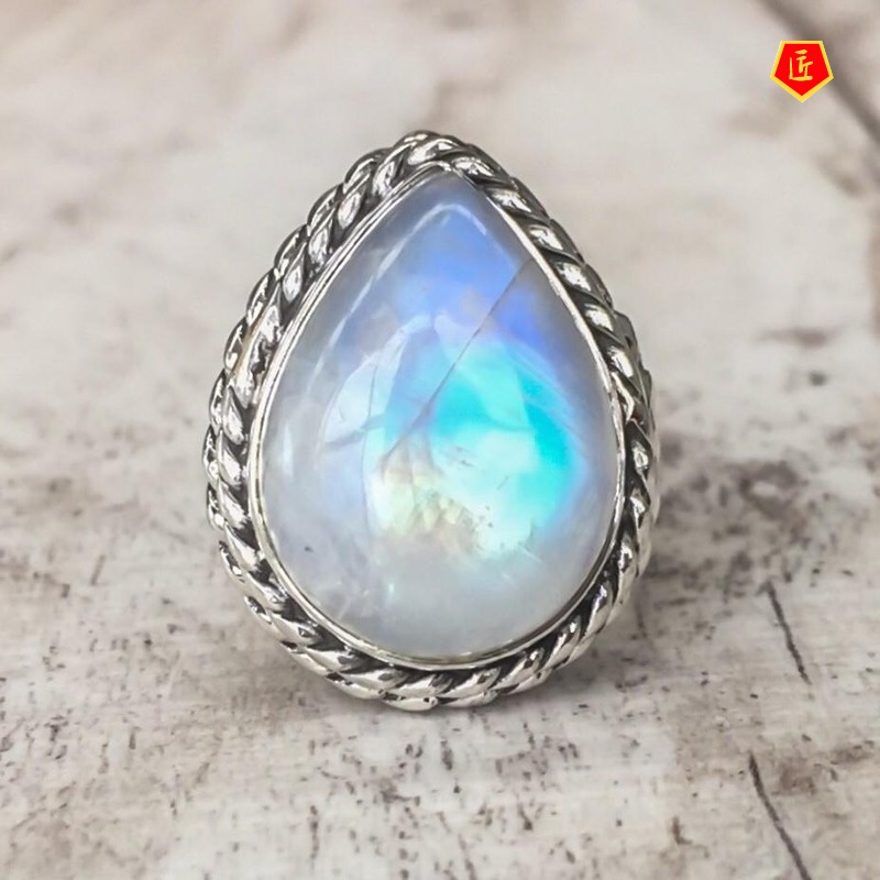 [Ready Stock]Big Diamond Pear-Shaped Moonstone Ring Exaggerated Punk Style