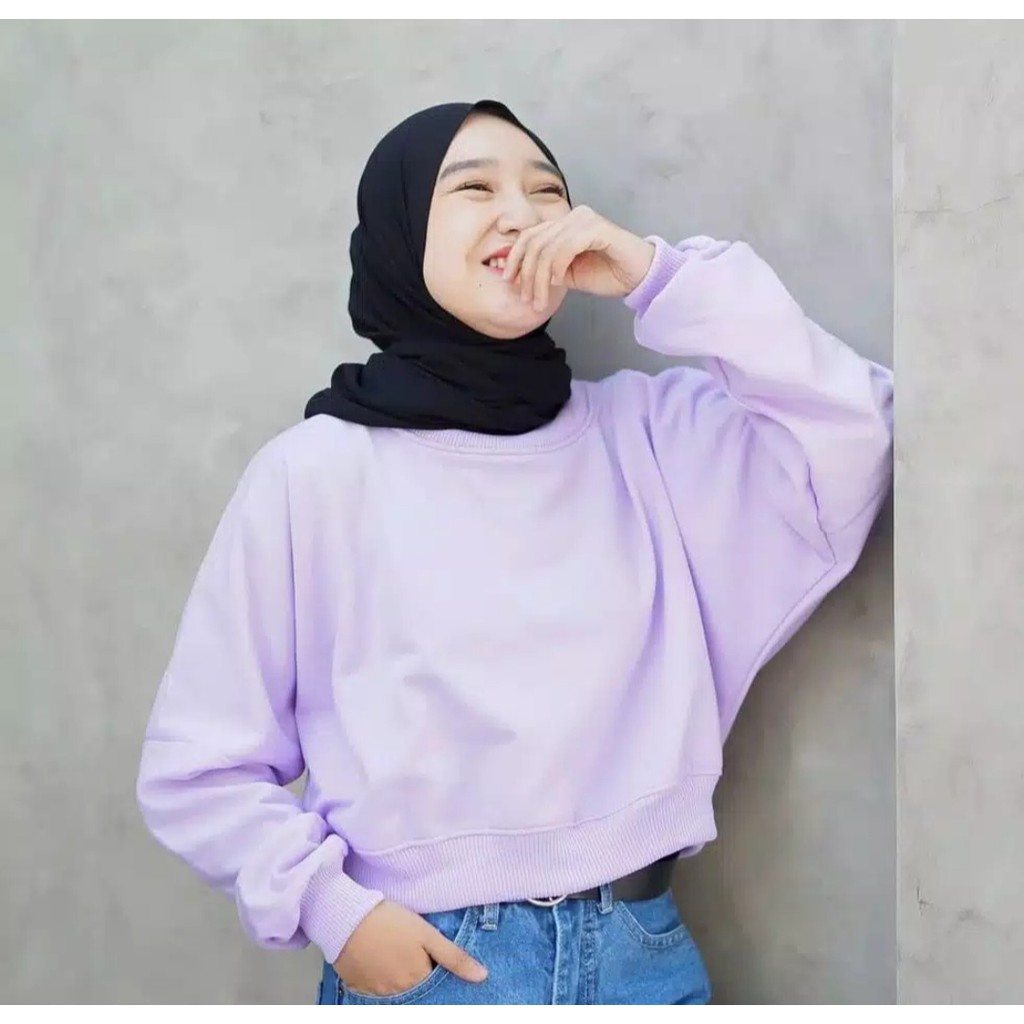 Sweater Hoodie Crop Oversize Crewneck Lilac Bahan Fleece Tebal dan Hangat Ukuran M sampai XXL